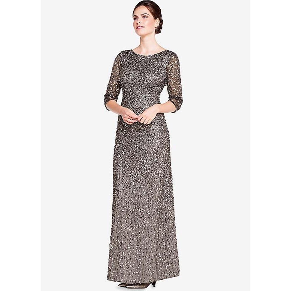 Sequined Metallic Silver Evening Gown - Long Sleeve